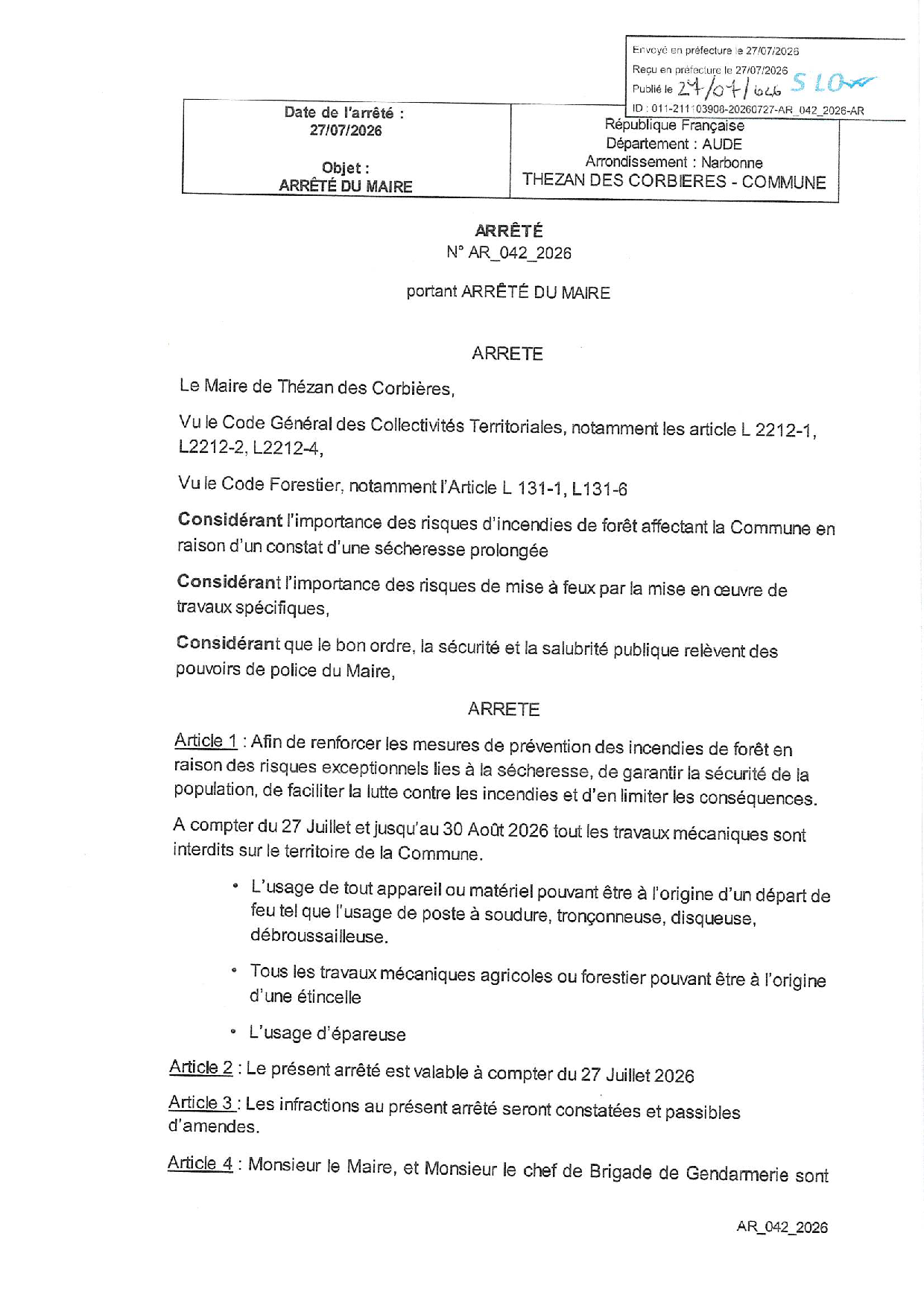 ARRETE TRAVAUX MECANIQUES SUR LA COMMUNE